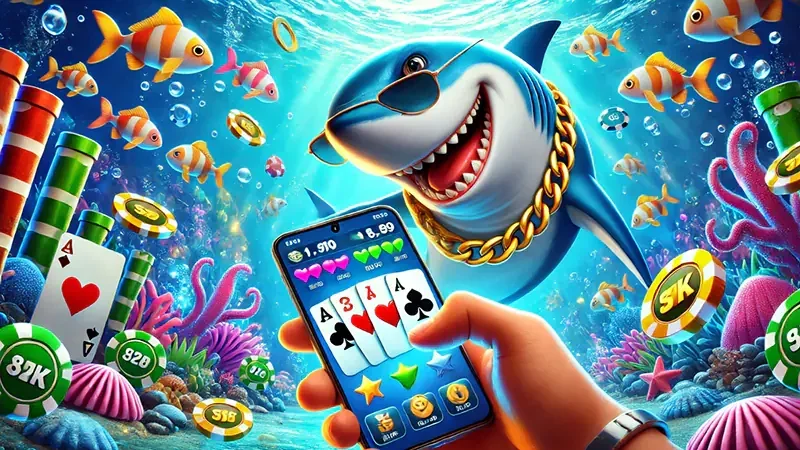 Layar permainan tembak ikan dengan target laut berwarna-warni