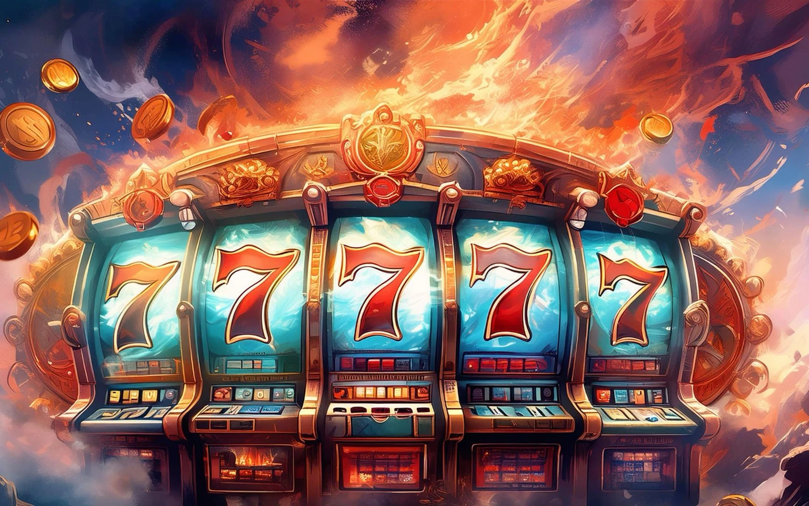 Layar slot video dengan simbol bonus dan gulungan permainan
