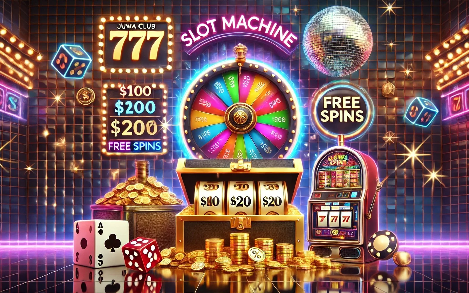 Ilustrasi permainan slot dengan simbol dan efek cahaya